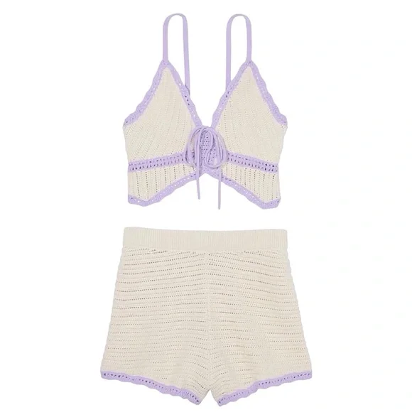 PINK Victoria's Secret Crochet Set PJ or Loungewear Cream/Lavender Size-XXL EUC - Picture 3 of 16